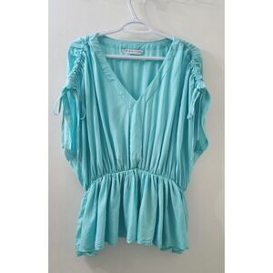 Trina Turk Turquoise Blue V-Neck Peplum Blouse Cinched Tie Sleeve 2203103HA1